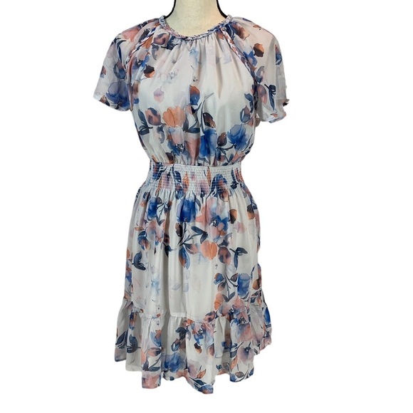 lovestitch Dresses & Skirts - Lovestitch Short Sleeve Braided Collar Ruffle Hem Mini Dress - Blue White - Med